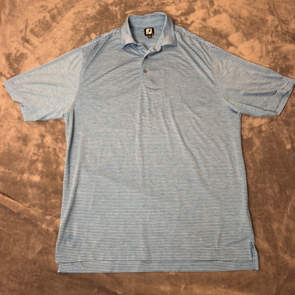 FootJoy Mens Large Golf Polo Shirt Blue Striped Performance Stretch Short Sleeve